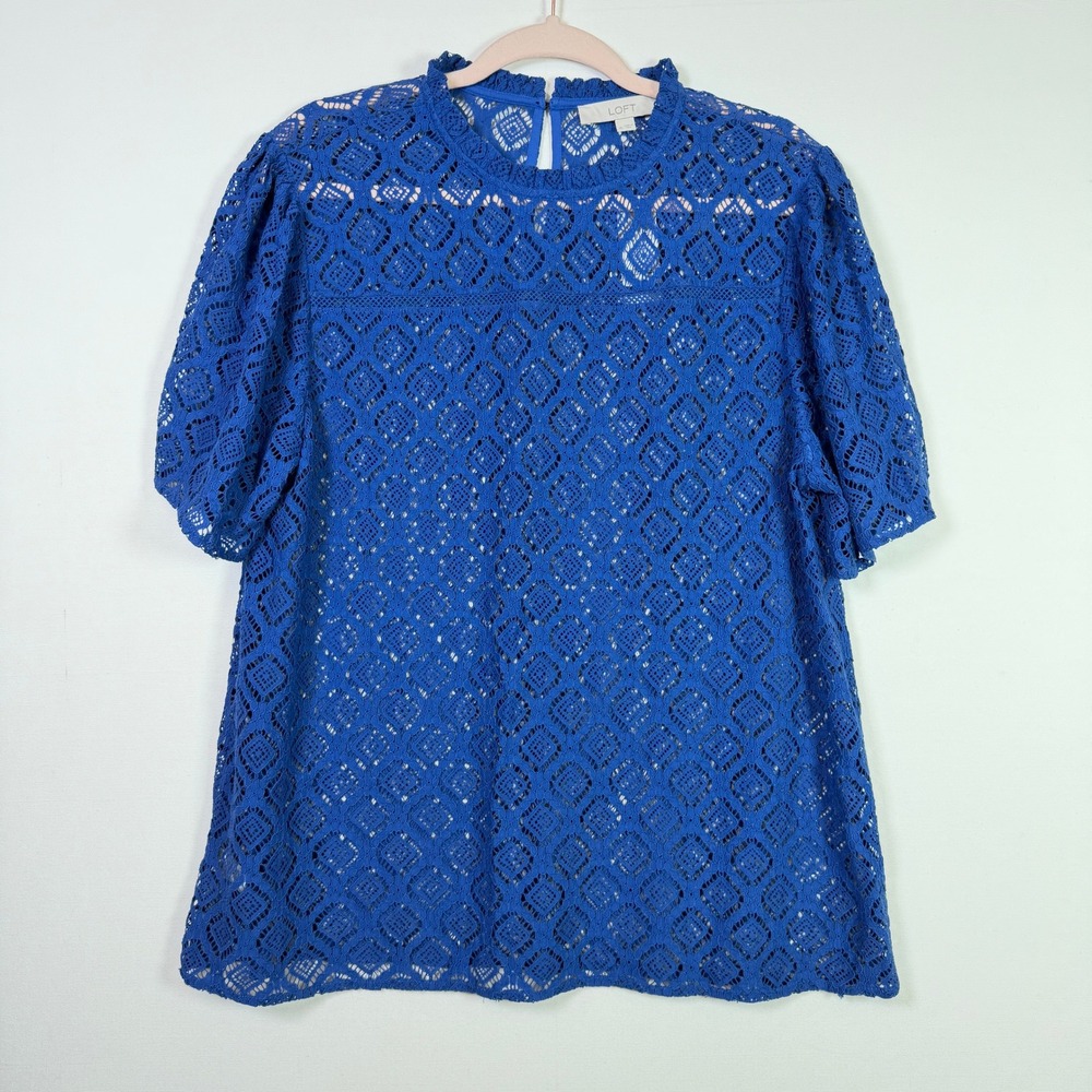 LOFT Blue Lace Ruffle Mock Neck Short Sleeve Blouse XL